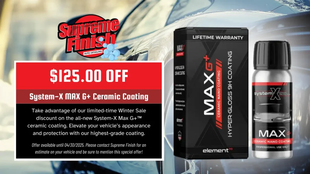 Get the highest level of ceramic protection with System-X MAX G+ Ceramic Coating! This hyper-gloss 9H coating offers unmatched shine, water resistance, and durability—giving your vehicle that permanent showroom finish.