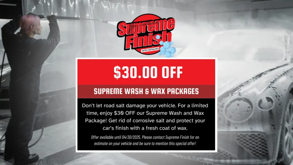 Road salt and grime can ruin your car’s finish—fight back with our premium Wash & Wax Package! This treatment removes contaminants and adds a fresh protective layer to keep your car looking pristine.