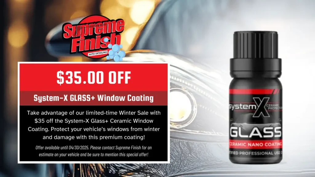 Enhance your vehicle’s visibility and protection with System-X GLASS+ Ceramic Window Coating! For a limited time, get $35 off this advanced hydrophobic coating that repels water, dirt, and road grime while improving clarity. Protect your windows from harsh weather and enjoy a crystal-clear driving experience.