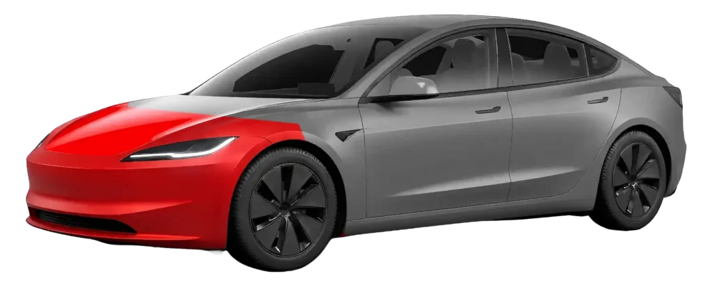 Coverage diagram: partial front paint protection film covering the front bumper, half the hood and half the front fenders