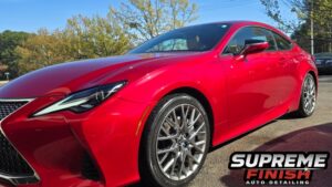 2022 Lexus RC 350 F Sport after paint correction and ceramic coating in Raleigh NC showing deep red gloss and sharp reflections
