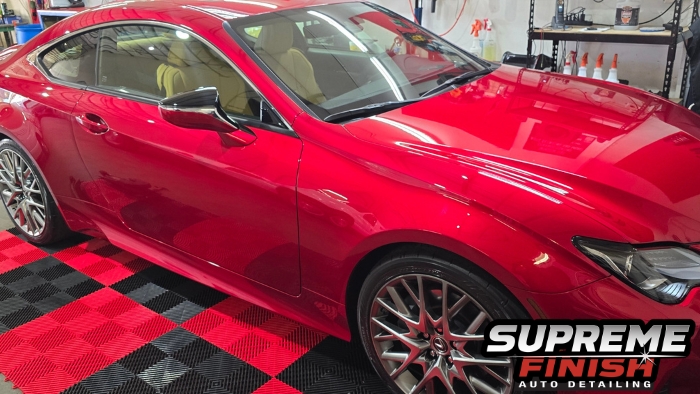 Side profile of a Lexus RC 350 F Sport after 3-year ceramic coating and paint correction at Supreme Finish in Raleigh NC