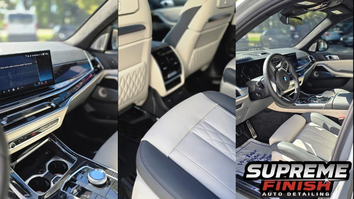 Interior collage from the BMW X7 Ceramic coating project showing the dashboard, light-colored seats, and center console.